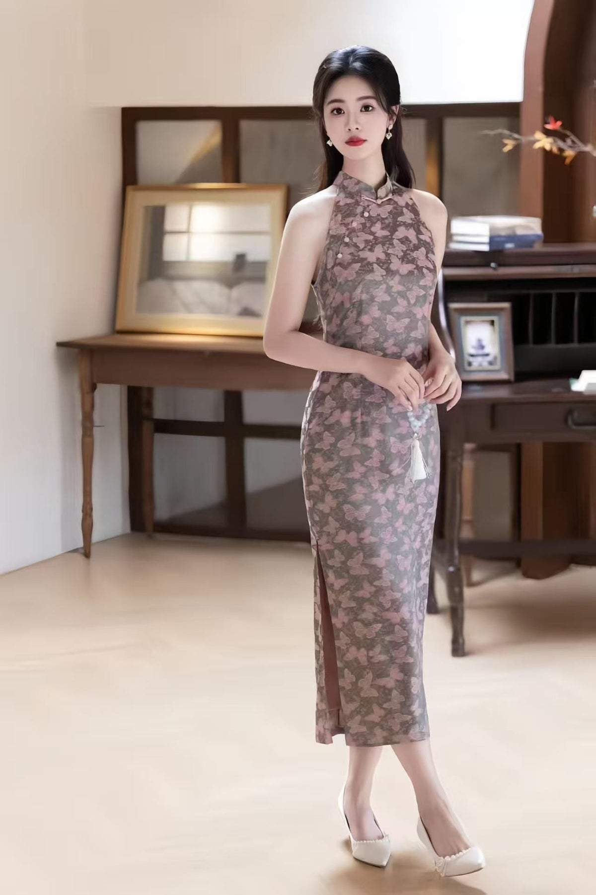 Women's Purple Floral Qipao Cheongsam Dress – Jacquard Fitted – additional product view