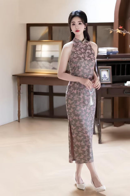 Women's Purple Floral Qipao Cheongsam Dress – Jacquard Fitted – additional product view