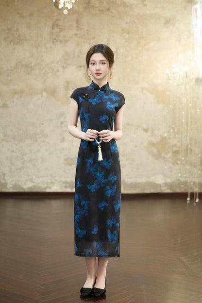 Women's Blue Floral Qipao Cheongsam Dress – additional product view