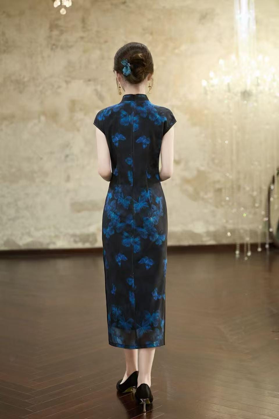Women's Blue Floral Qipao Cheongsam Dress – additional product view
