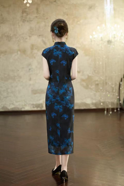 Women's Blue Floral Qipao Cheongsam Dress – additional product view