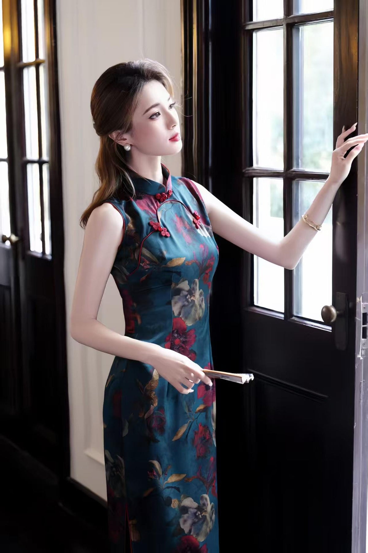 Women's Blue Floral Qipao Cheongsam Dress – additional product view