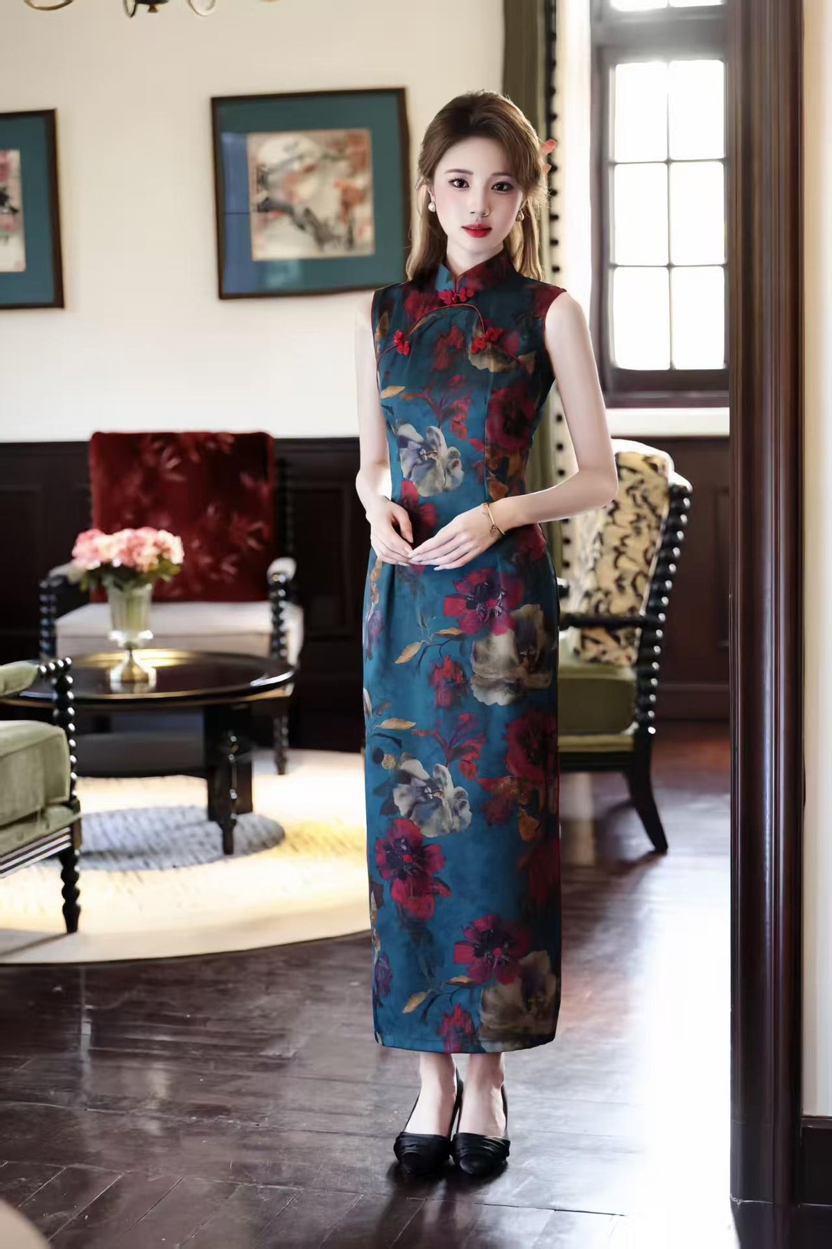 Women's Blue Floral Qipao Cheongsam Dress – additional product view
