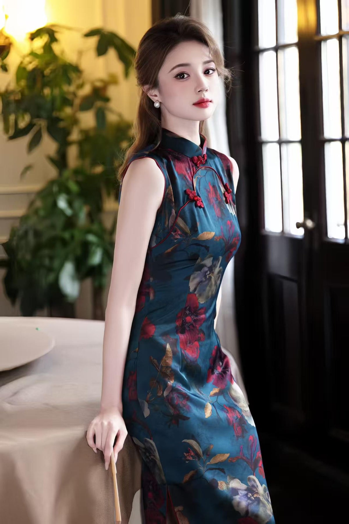 Women's Blue Floral Qipao Cheongsam Dress – additional product view