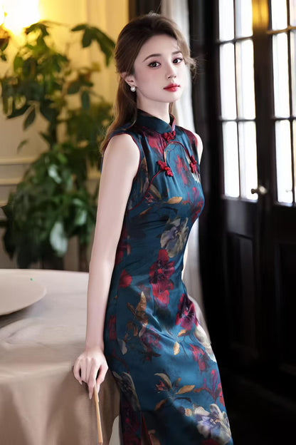 Women's Blue Floral Qipao Cheongsam Dress – additional product view