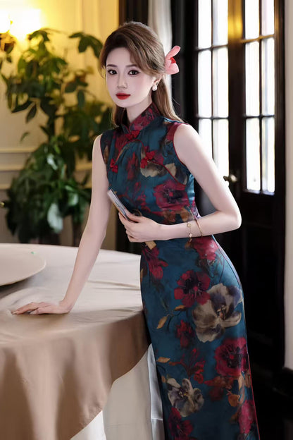 Women's Blue Floral Qipao Cheongsam Dress – additional product view
