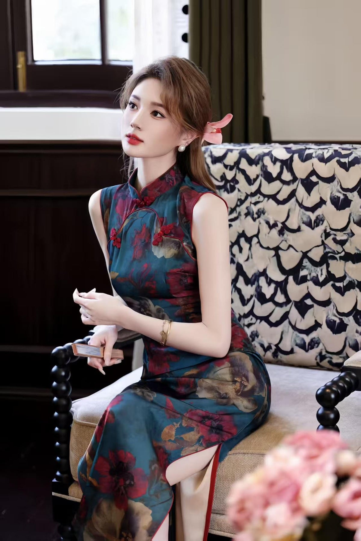 Women's Blue Floral Qipao Cheongsam Dress – additional product view