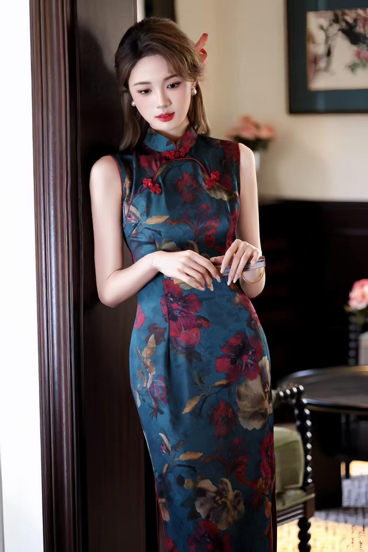 Women's Blue Floral Qipao Cheongsam Dress – additional product view