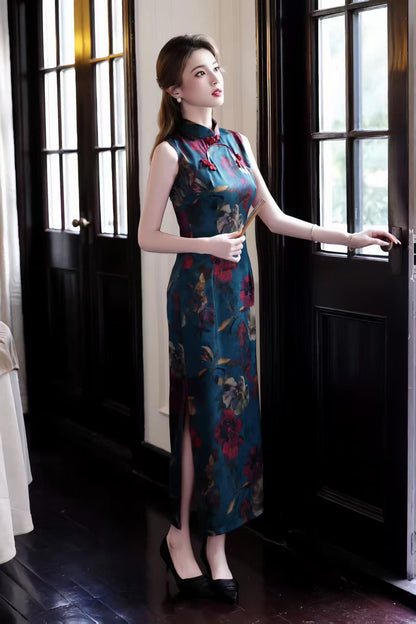 Women's Blue Floral Qipao Cheongsam Dress – additional product view