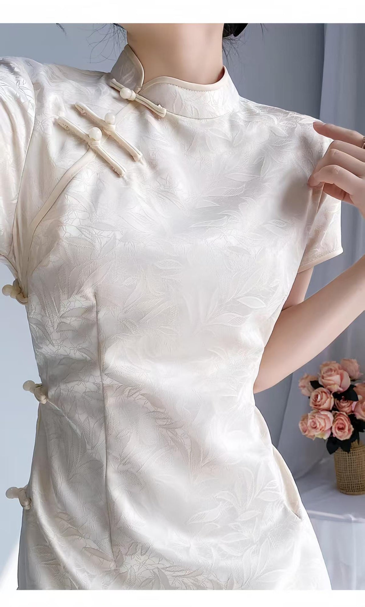 Women's Vintage Qipao Cheongsam Dress – Ivory High Slit Maxi Fitted – additional product view