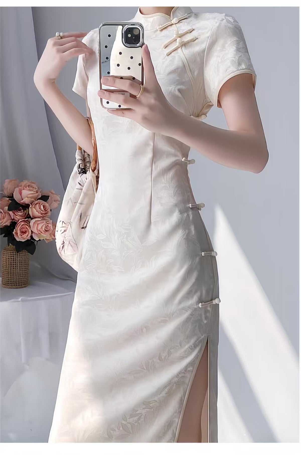 Women's Vintage Qipao Cheongsam Dress – Ivory High Slit Maxi Fitted – additional product view