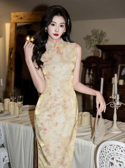 Women's Gold Floral Satin Qipao Cheongsam Dress – additional product view