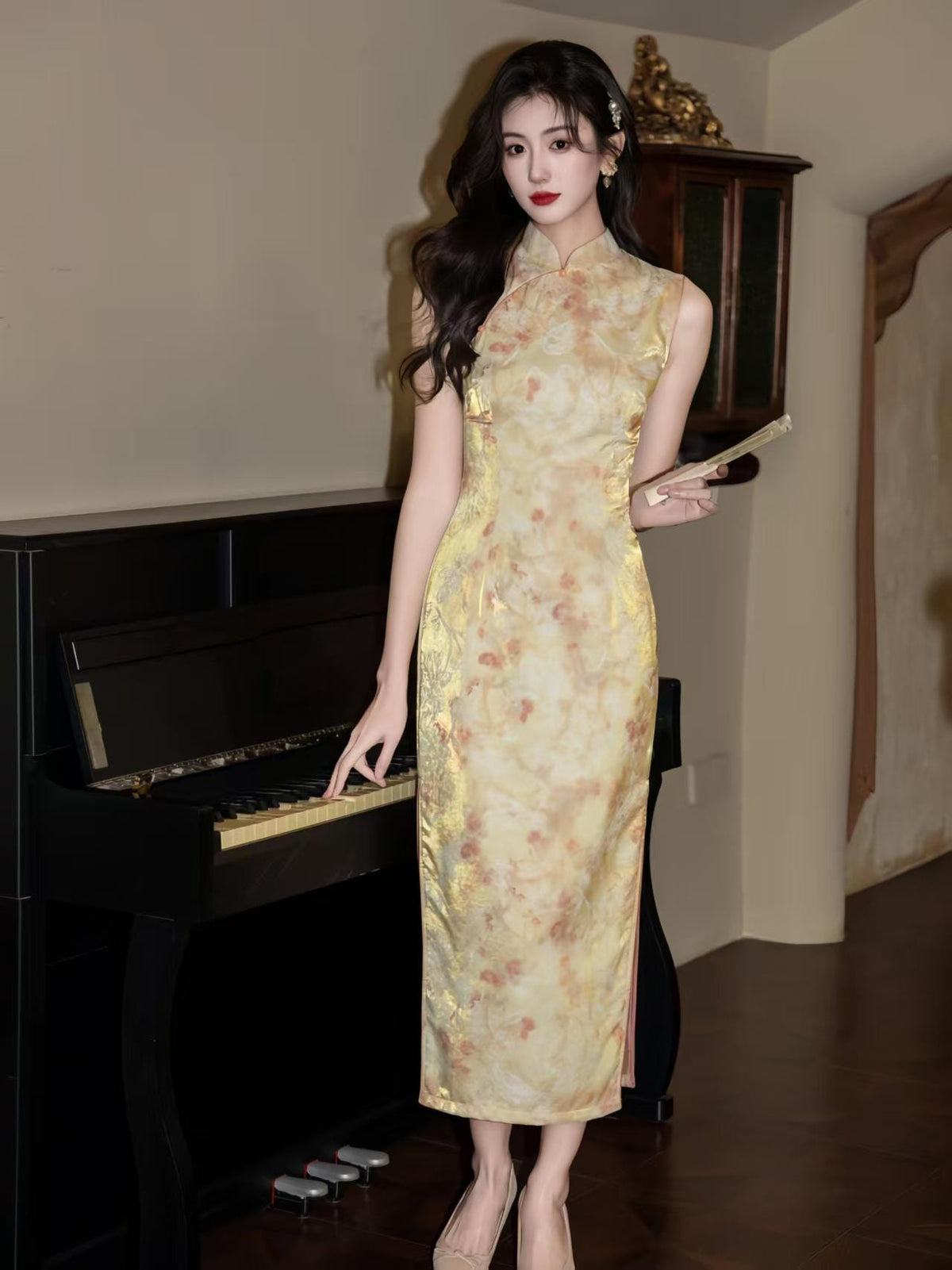 Women's Gold Floral Satin Qipao Cheongsam Dress – additional product view