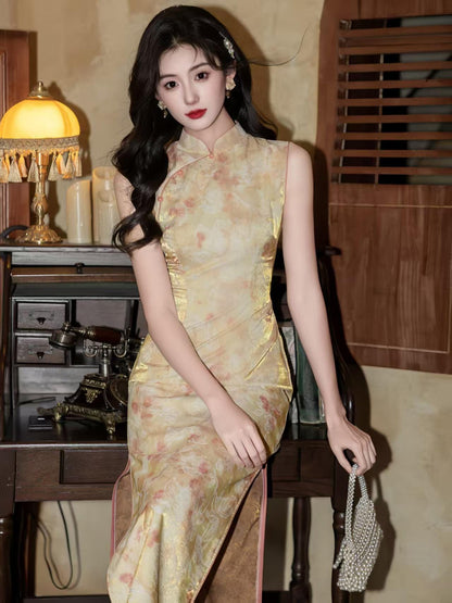 Women's Gold Floral Satin Qipao Cheongsam Dress