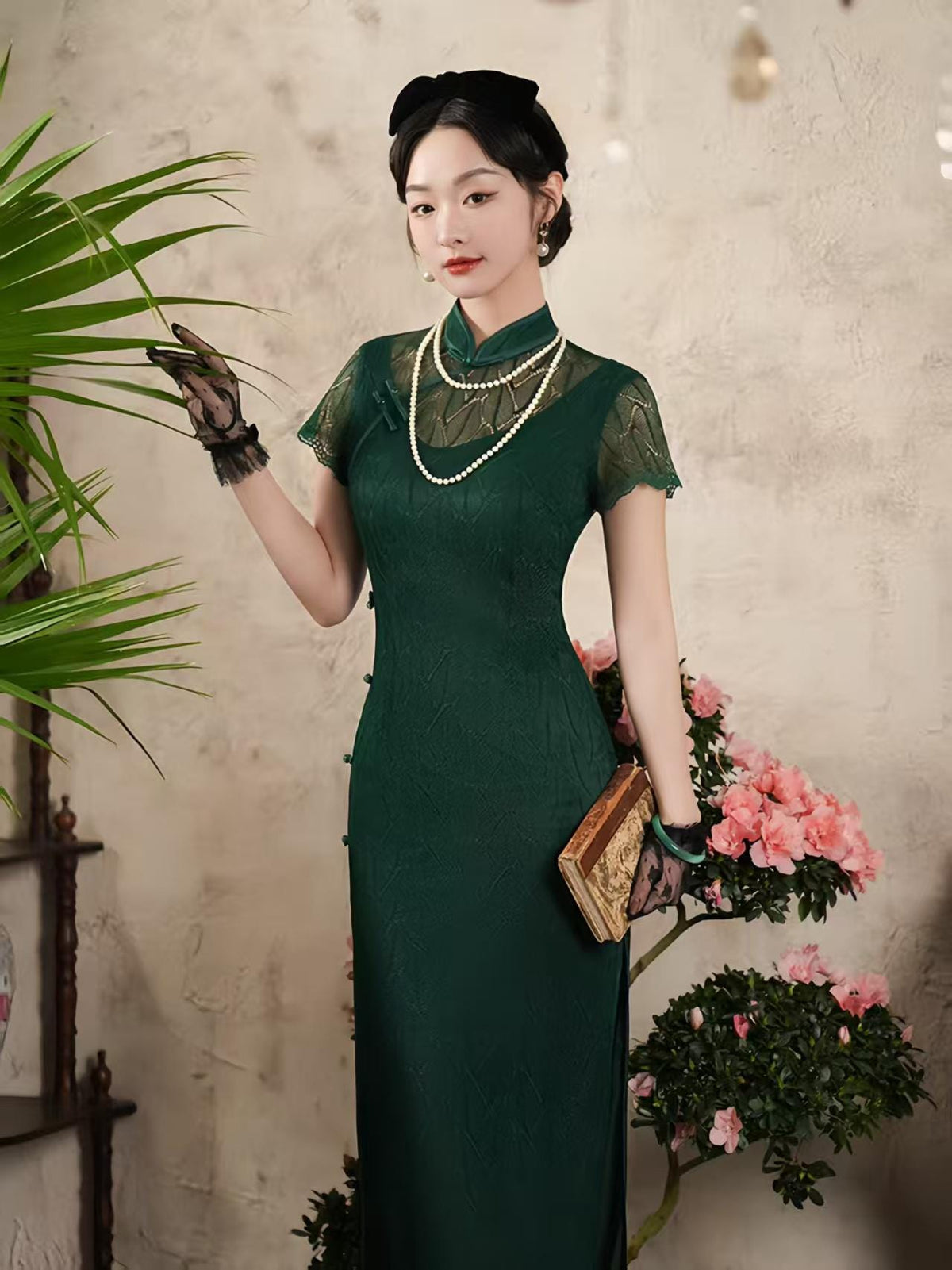Women's Green Vintage Qipao Cheongsam Dress – Maxi Fitted – additional product view