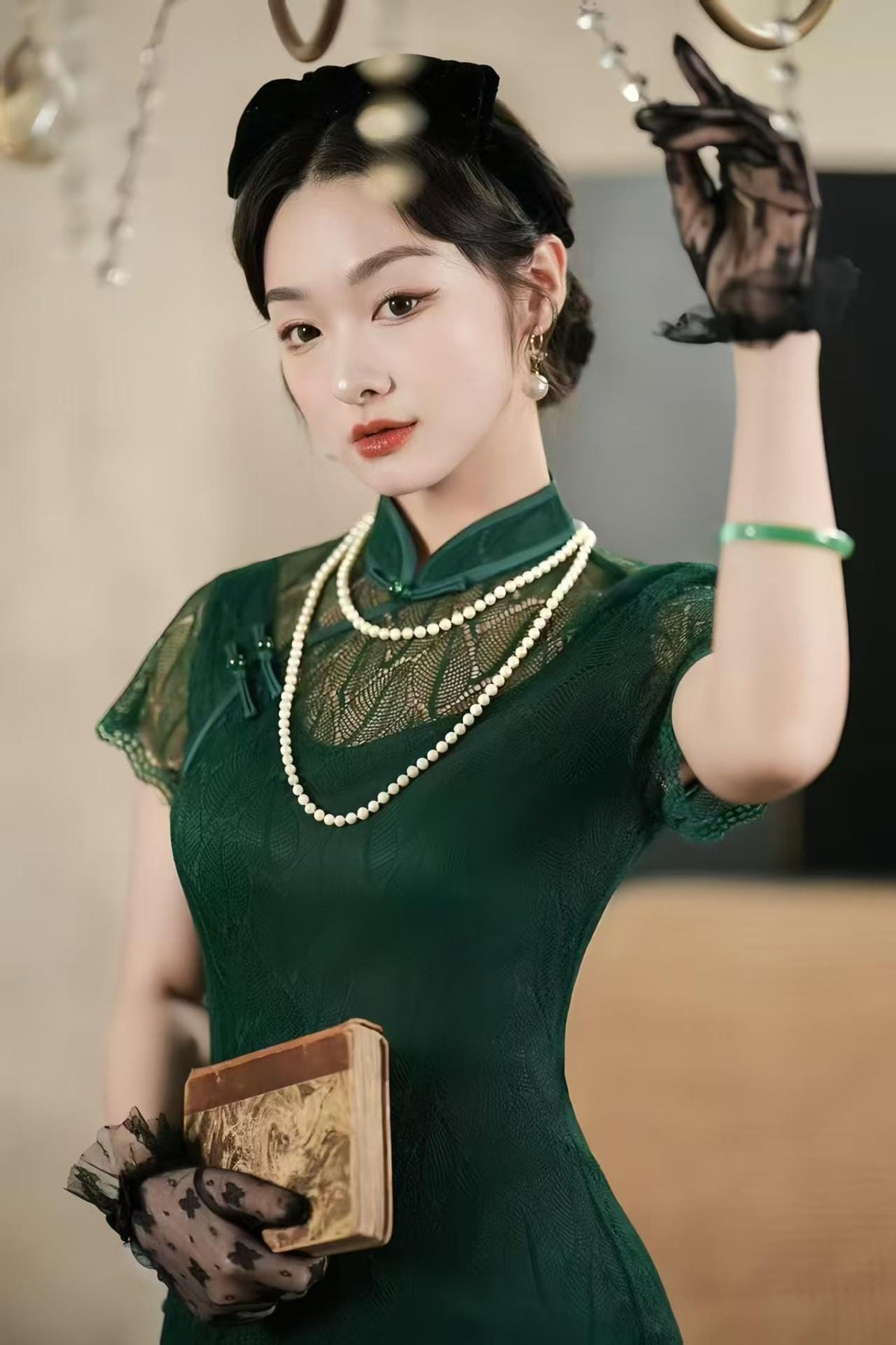 Women's Green Vintage Qipao Cheongsam Dress – Maxi Fitted – additional product view