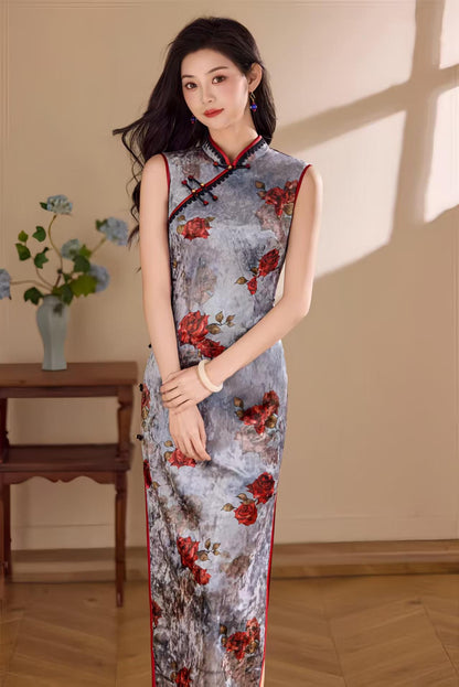Women's Floral Velvet Qipao Cheongsam Dress – Gray Fitted – additional product view
