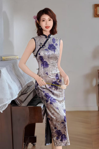 Women's Floral Velvet Qipao Cheongsam Dress – Gray Fitted – additional product view