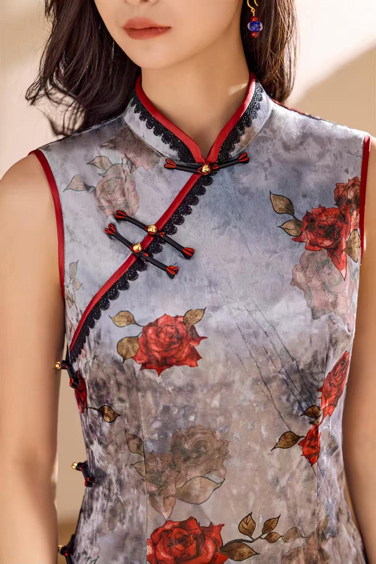 Women's Floral Velvet Qipao Cheongsam Dress – Gray Fitted – additional product view