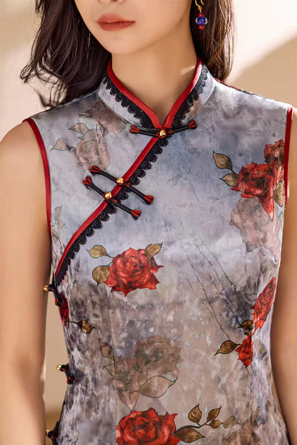 Women's Floral Velvet Qipao Cheongsam Dress – Gray Fitted – additional product view
