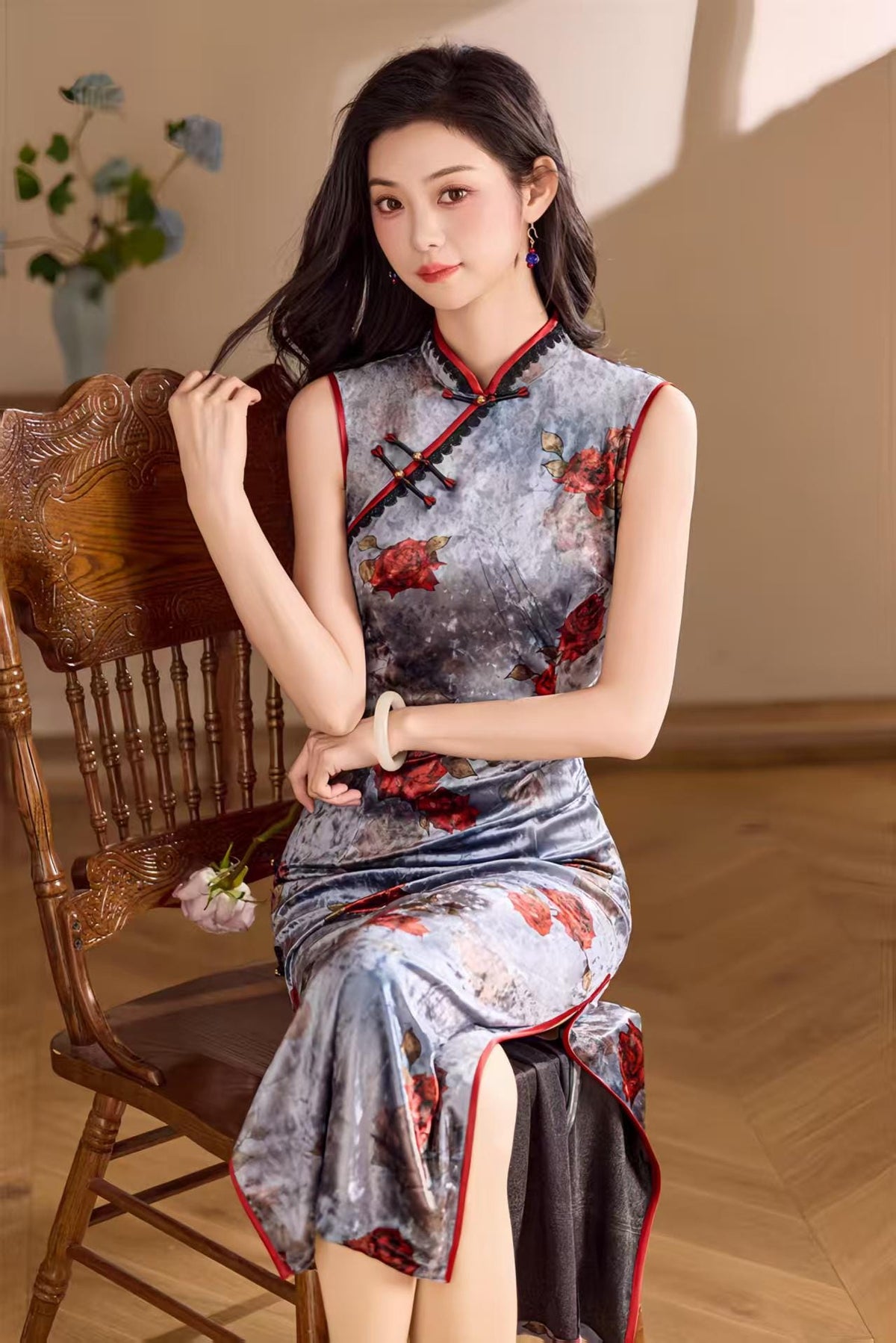 Women's Floral Velvet Qipao Cheongsam Dress – Gray Fitted – additional product view