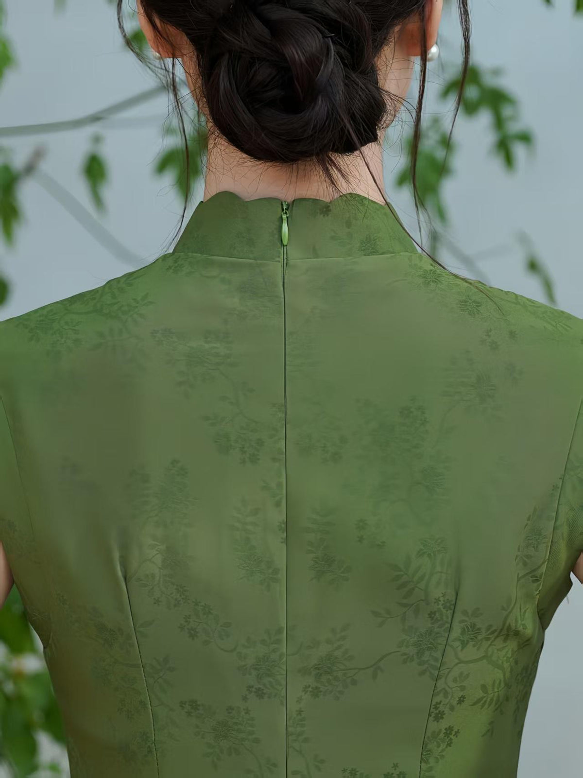 Women's Green Elegant Qipao Cheongsam Dress – Jacquard Maxi Fitted – additional product view