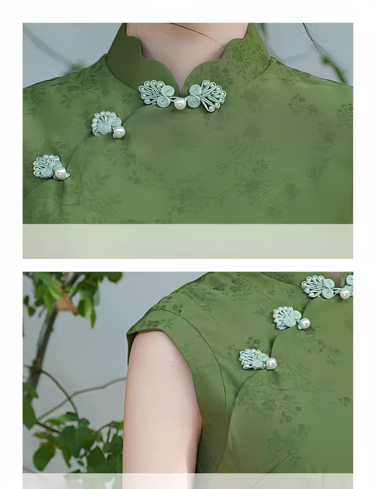 Women's Green Elegant Qipao Cheongsam Dress – Jacquard Maxi Fitted – additional product view