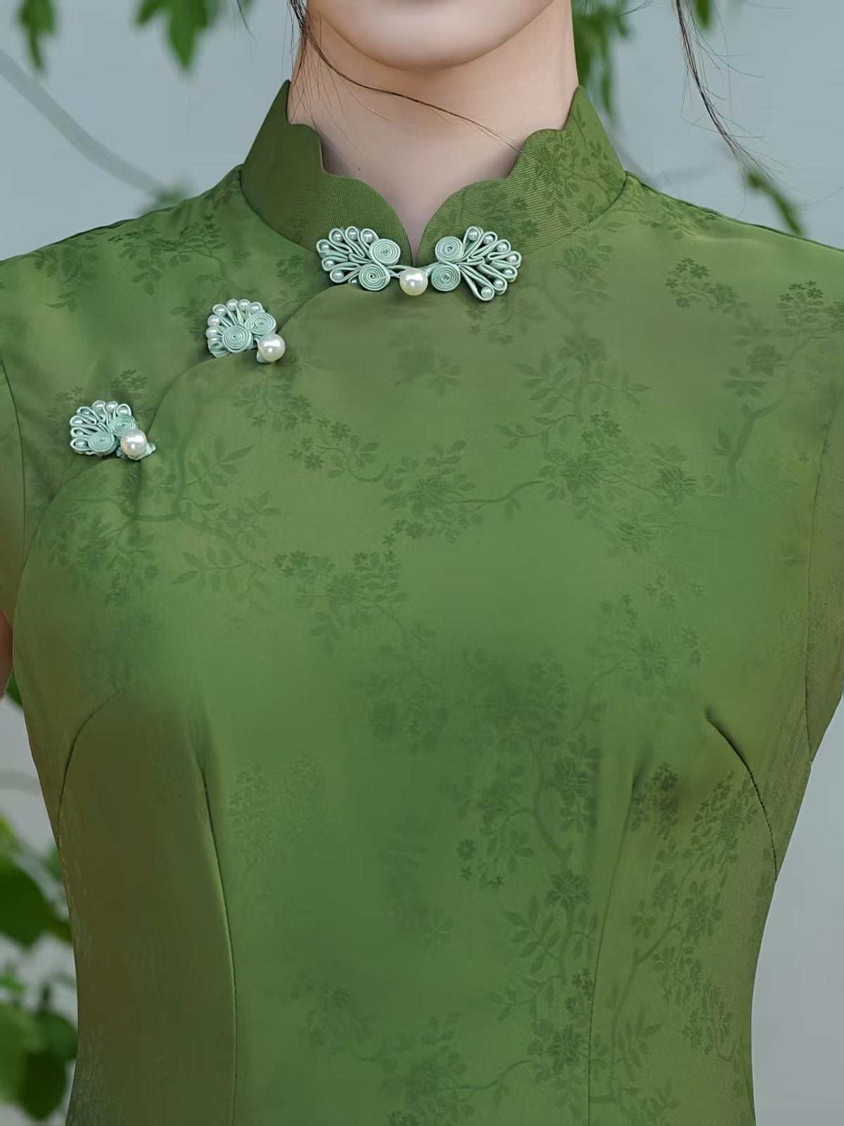 Women's Green Elegant Qipao Cheongsam Dress – Jacquard Maxi Fitted – additional product view