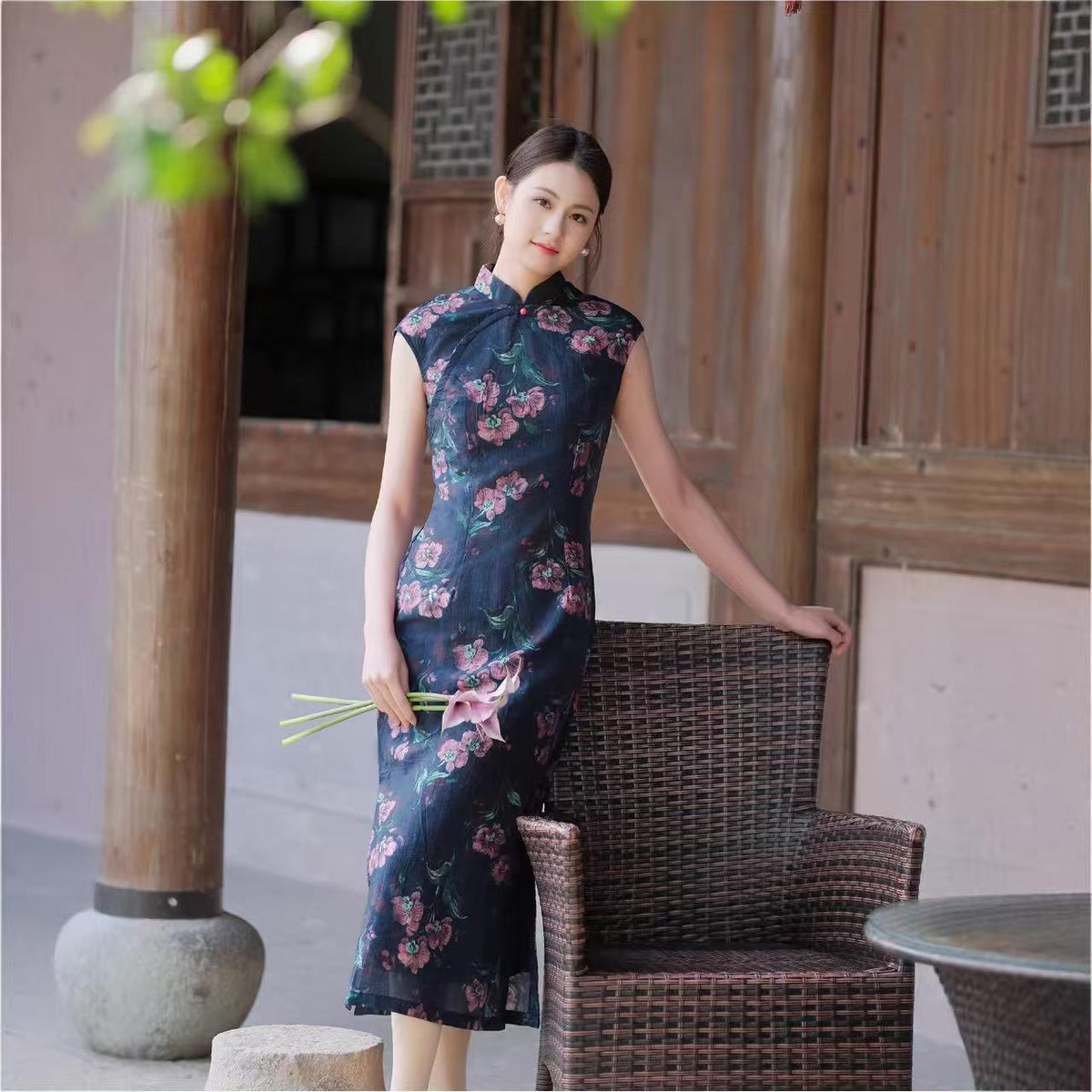 Women's Blue Floral Qipao Cheongsam Dress – additional product view
