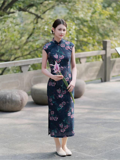 Women's Blue Floral Qipao Cheongsam Dress – additional product view