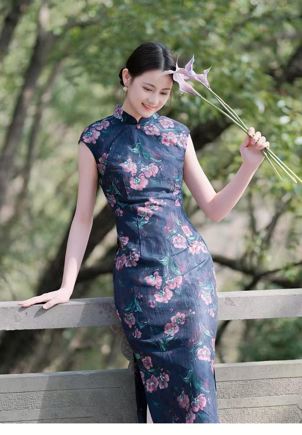 Women's Blue Floral Qipao Cheongsam Dress
