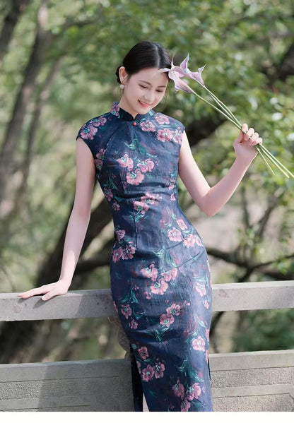 Women's Blue Floral Qipao Cheongsam Dress