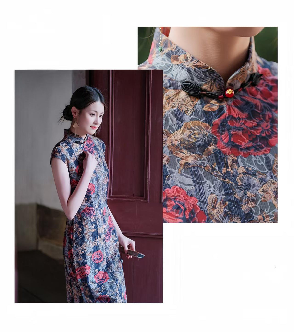 Women's Blue Floral Qipao Cheongsam Dress – additional product view