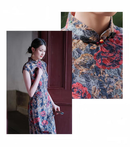 Women's Blue Floral Qipao Cheongsam Dress – additional product view
