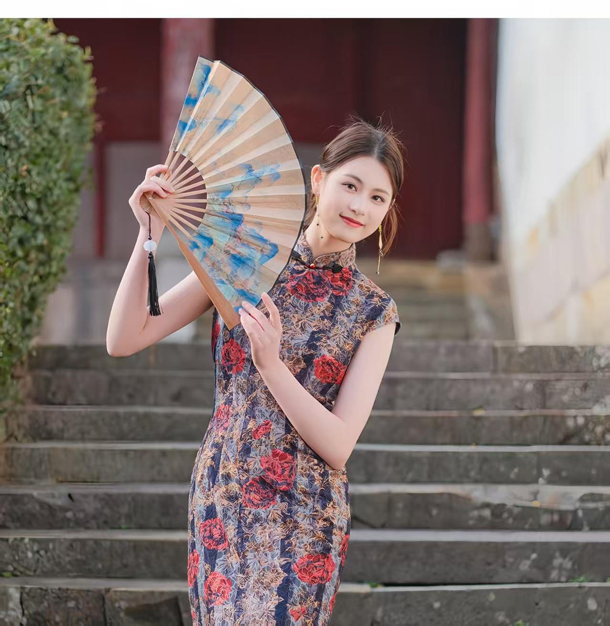 Women's Blue Floral Qipao Cheongsam Dress – additional product view