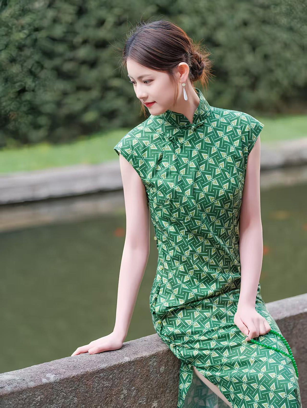 Women's Green Vintage Qipao Cheongsam Dress – Geometric Fitted – additional product view