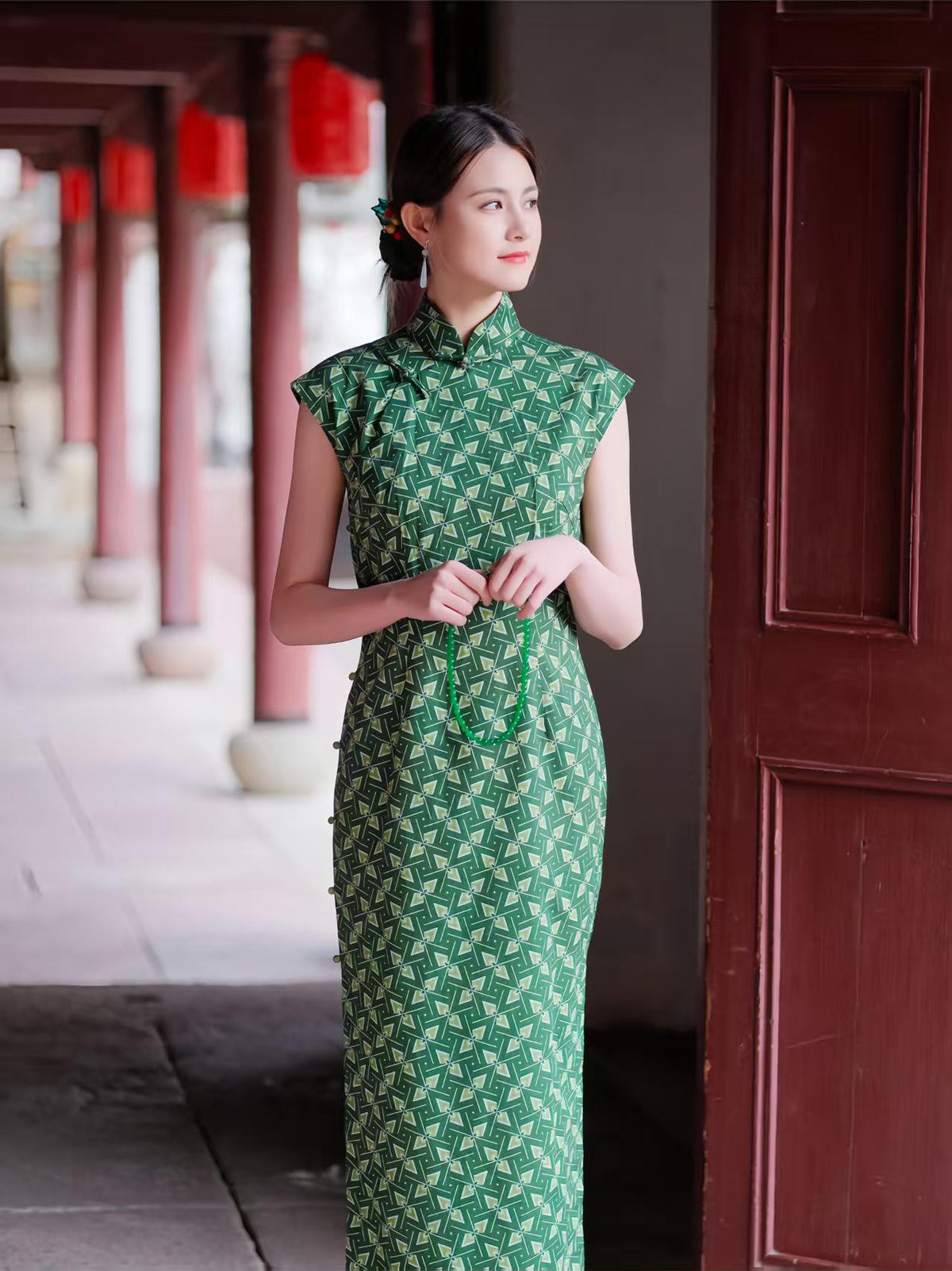 Women's Green Vintage Qipao Cheongsam Dress – Geometric Fitted – additional product view