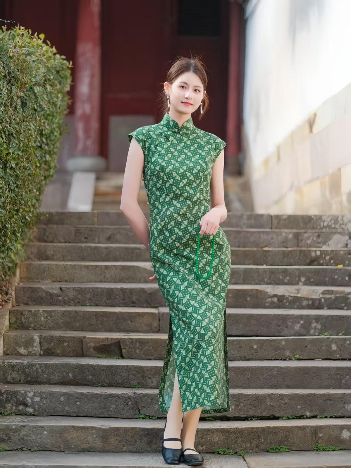 Women's Green Vintage Qipao Cheongsam Dress – Geometric Fitted – additional product view