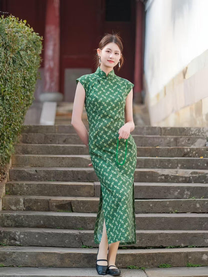 Women's Green Vintage Qipao Cheongsam Dress – Geometric Fitted – additional product view