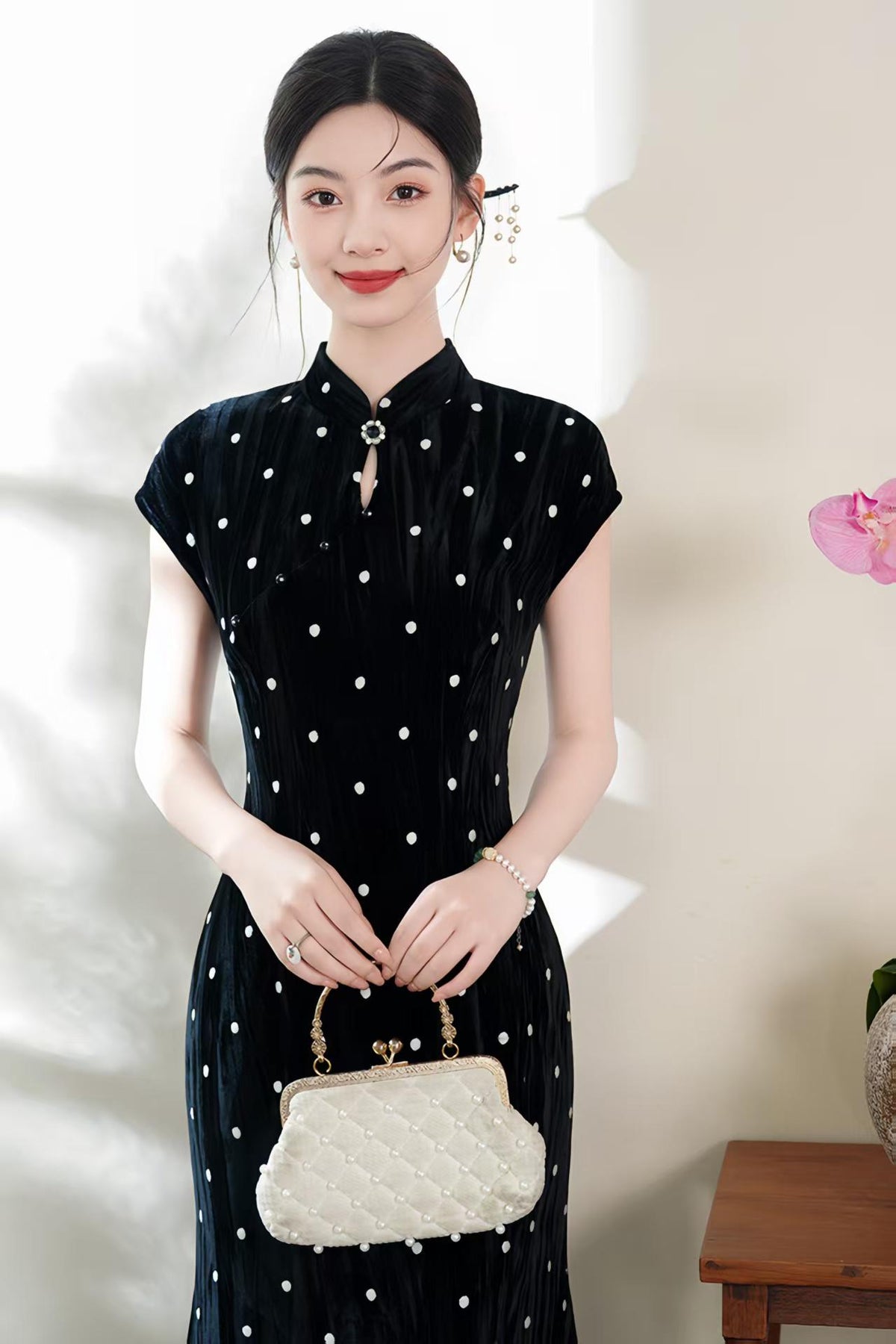 Women's Black Vintage Velvet Qipao Cheongsam Dress – Polka Dot Fitted – additional product view