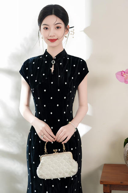 Women's Black Vintage Velvet Qipao Cheongsam Dress – Polka Dot Fitted – additional product view
