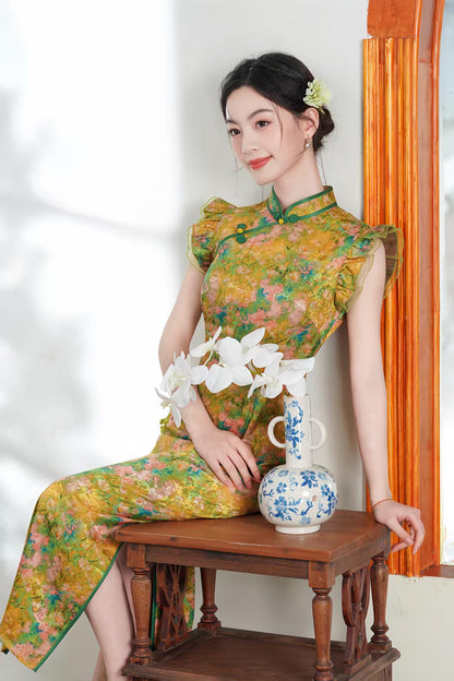Women's Green Floral Satin Qipao Cheongsam Dress – Fitted – additional product view