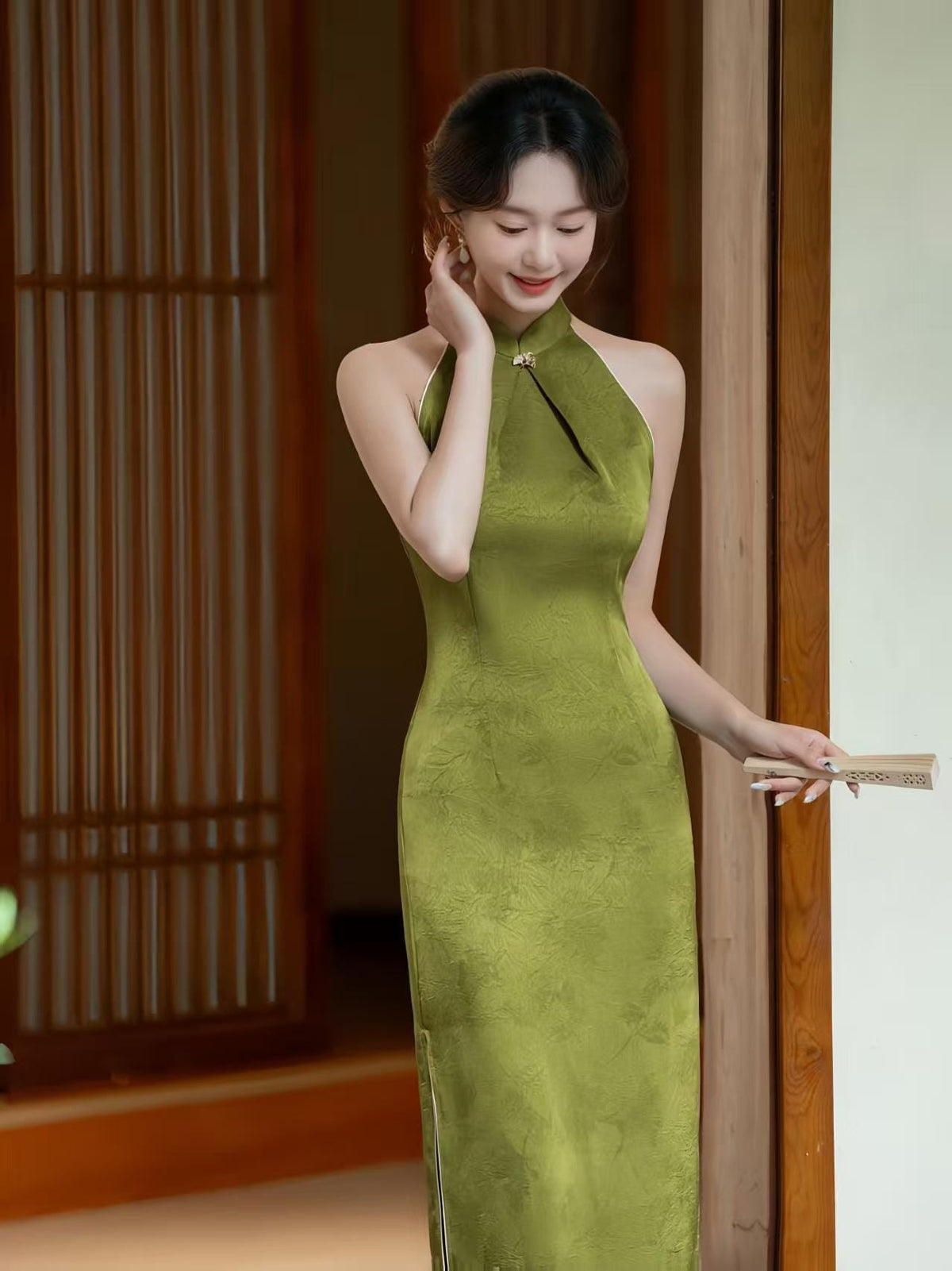 Women's Green Vintage Qipao Cheongsam Dress – Jacquard Maxi Fitted – additional product view