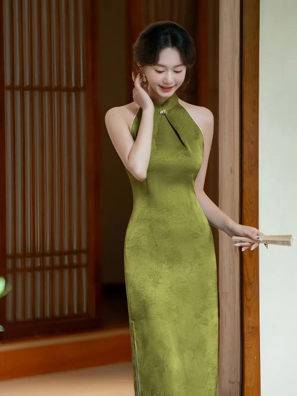 Women's Green Vintage Qipao Cheongsam Dress – Jacquard Maxi Fitted – additional product view