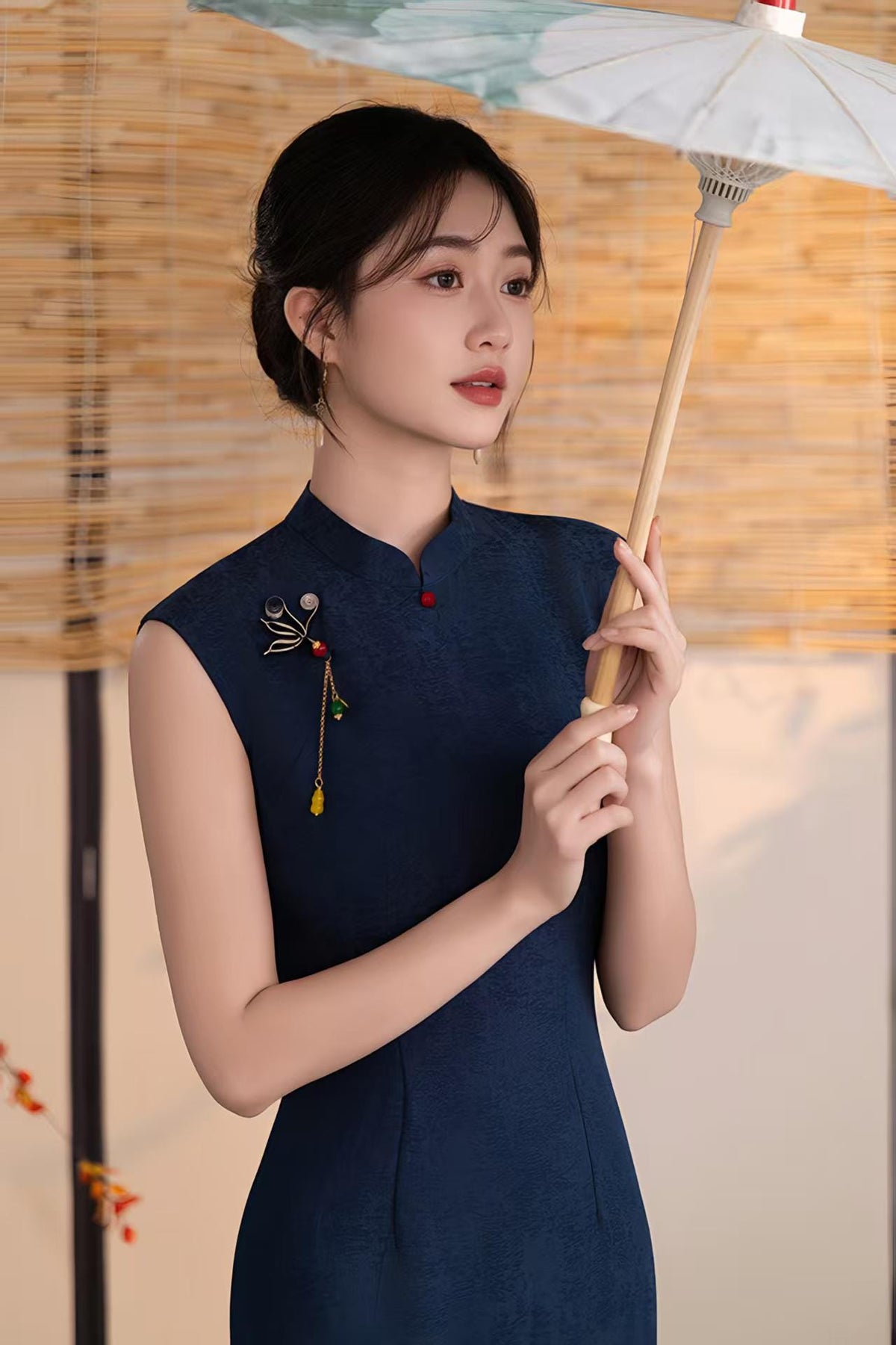 Women's Blue Vintage Qipao Cheongsam Dress – Linen Fitted – additional product view