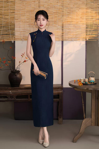Women's Blue Vintage Qipao Cheongsam Dress – Linen Fitted – additional product view