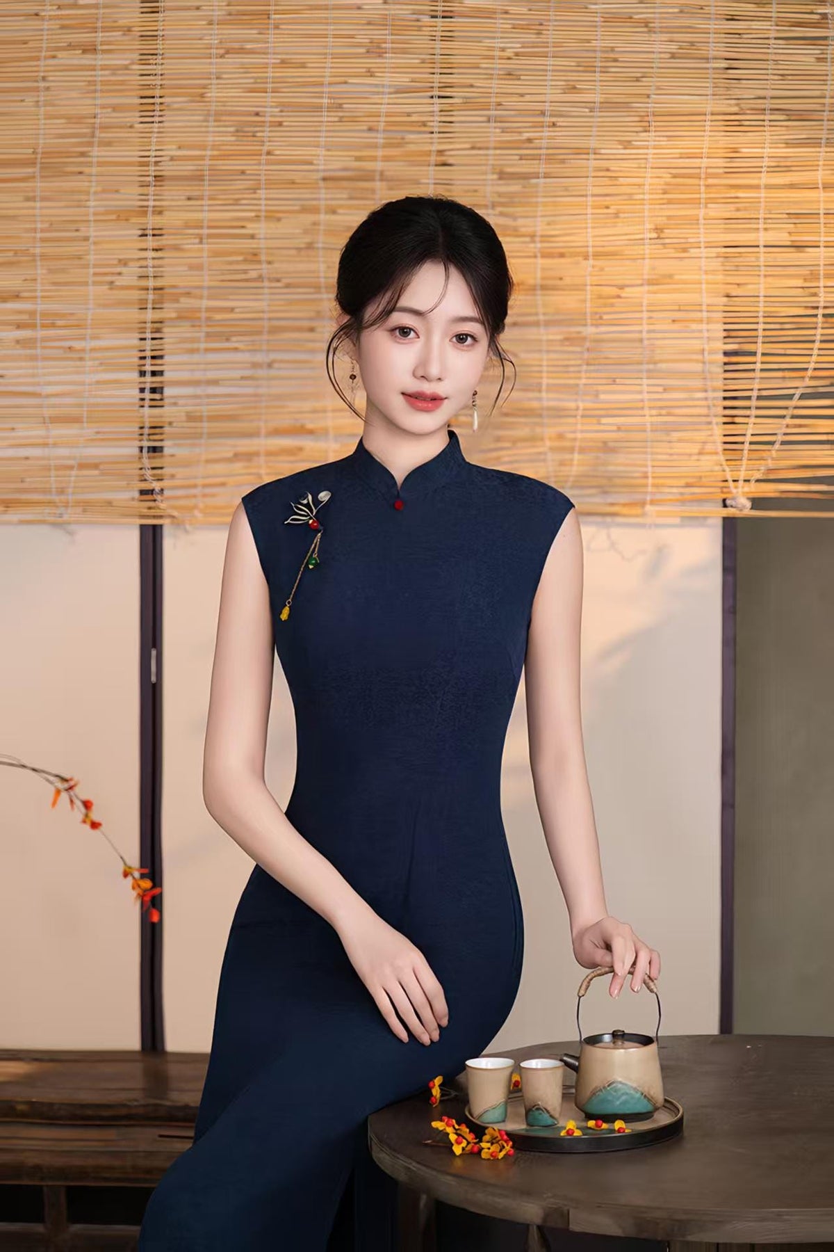 Women's Blue Vintage Qipao Cheongsam Dress – Linen Fitted