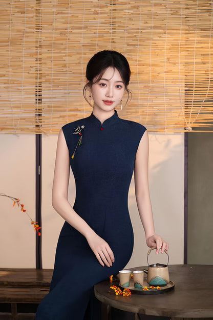 Women's Blue Vintage Qipao Cheongsam Dress – Linen Fitted
