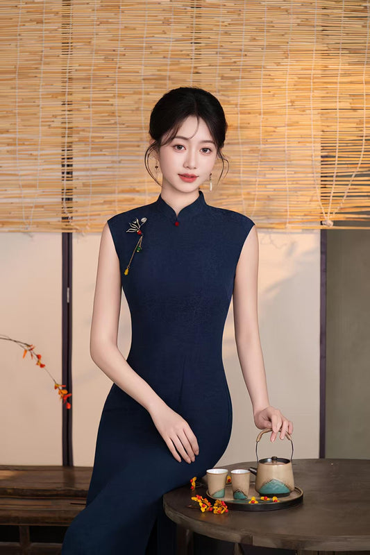 Women's Blue Vintage Qipao Cheongsam Dress – Linen Fitted