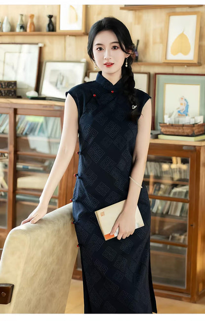Women's Black Vintage Qipao Cheongsam Dress – Linen Fitted – additional product view